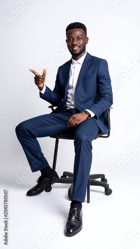 A smiling, suited man sits in a chair against a white background, pointing his finger to the left