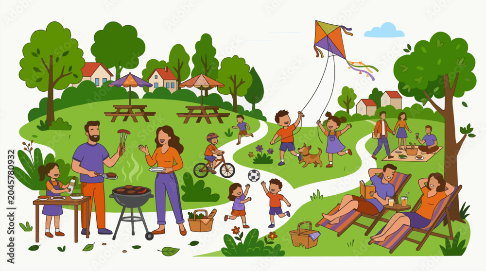 Fototapeta premium Flat Vector Illustration Family Picnic Park Summer Outdoor Activities Commercial Use