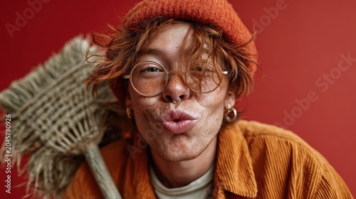 A vibrant and joyful young person with curly hair poses playfully with a broom, showcasing a creative spirit and a fun-loving attitude against a bright backdrop.