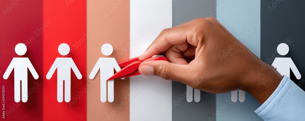 Fototapeta premium Selective hiring and diversity concept with hand removing paper people figures from a lineup