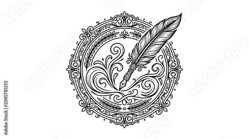 Принти на полотні Vintage Quill Pen Writing in Ornate Circular Frame - Calligraphy Emblem