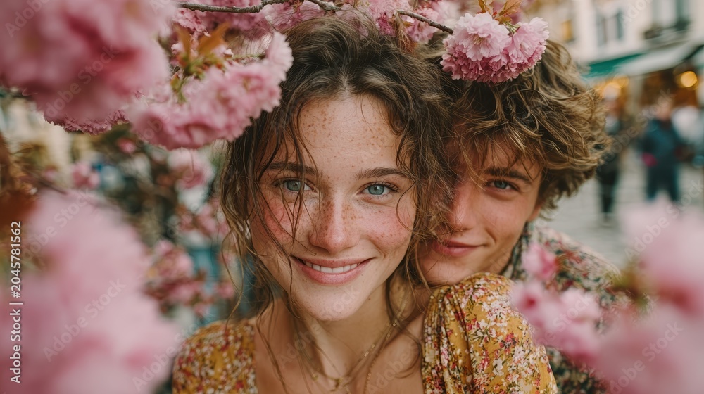 Fototapeta premium A tender image of a couple smiling and embracing amidst blooming cherry blossoms, reflecting their deep connection and happiness in a beautiful spring setting full of life.