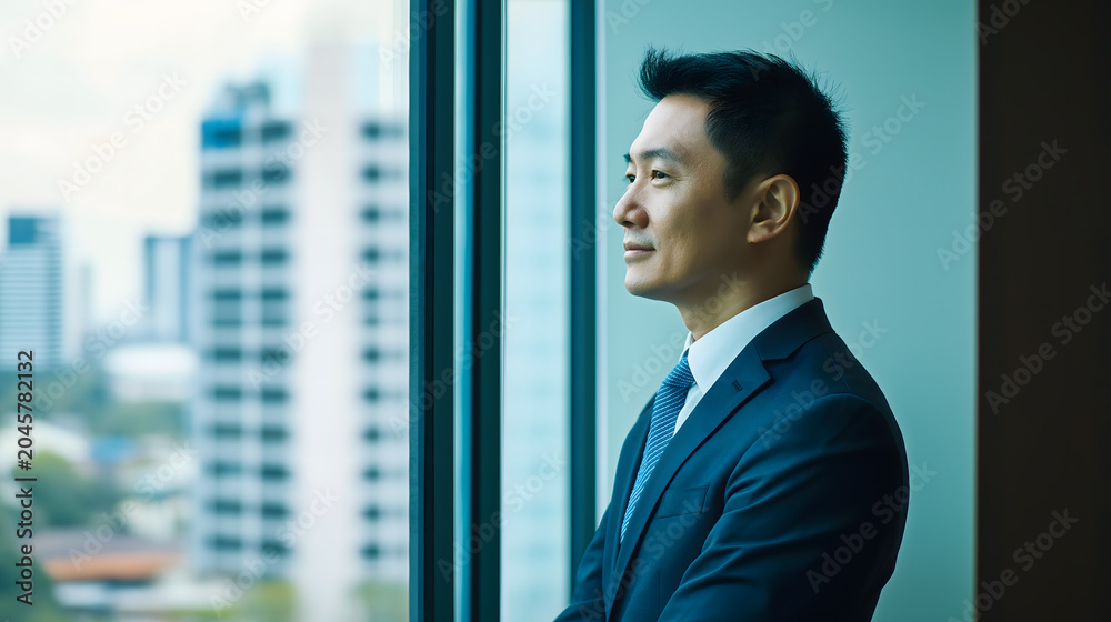 Fototapeta premium Confident businessman in suit contemplating city skyline from modern office window