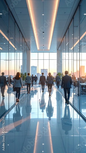 A group of business professionals walk down a modern office hallway with large windows overlooking a city skyline.