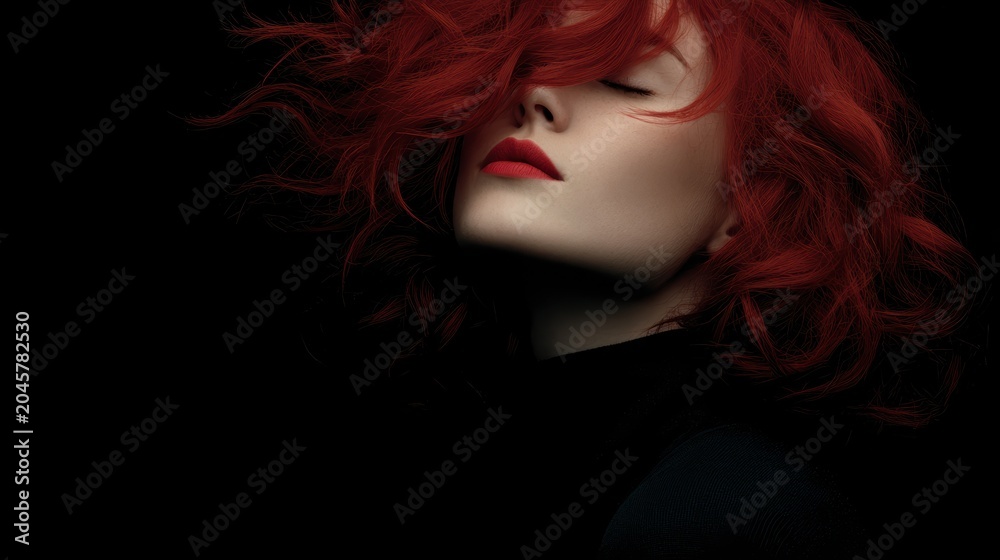 Obraz premium This stunning portrait showcases a woman with flowing red hair against a dark background, capturing beauty, charm, and a touch of mystery in a striking artistic expression.