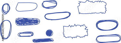 Картината върху платно Blue pen text boxes and hand drawn shapes collection with ballpoint ovals, recta