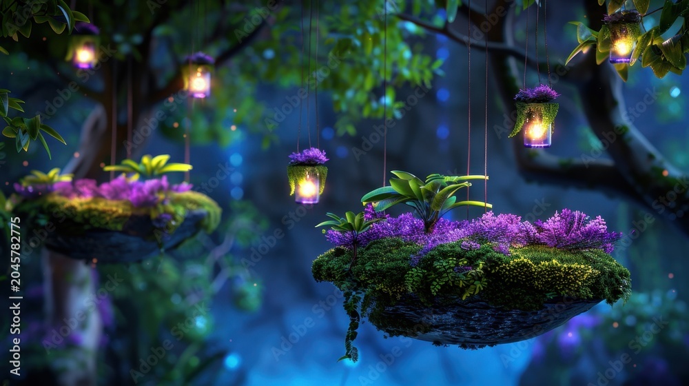 Obraz premium Enchanted floating gardens with glowing lanterns in a magical forest at twilight, shimmering with vibrant plants and colors