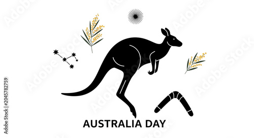 Photos Black silhouette of a kangaroo jumping.
