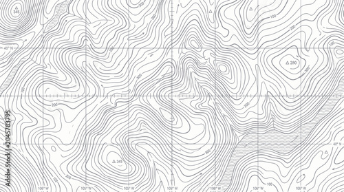 Topographic Contour Map of Mountainous Terrain with Grid Lines and Elevation Marks