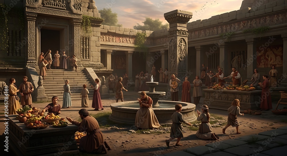 Naklejka premium Ancient marketplace scene with people gathered around a fountain and fruit vendors in a historic setting