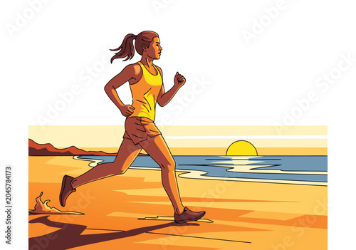 Canvastavla Dynamic vector illustration of a young woman jogging on a scenic beach at sunset