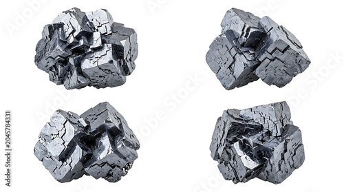 Four isolated metallic mineral samples against a white background