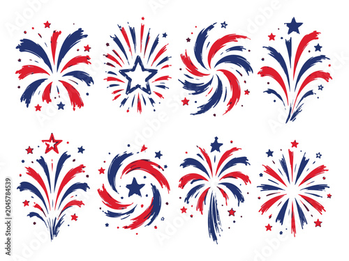 Patriotic red white and blue firework bursts for fourth of july holiday designs