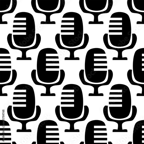 Seamless pattern with black microphone on white background.