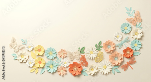 Colorful paper flowers arranged in a curved pattern on beige background  