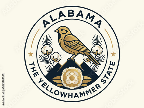 Photos Alabama State Emblem Featuring Yellowhammer Bird, Camellia Flower, and Cotton Bo