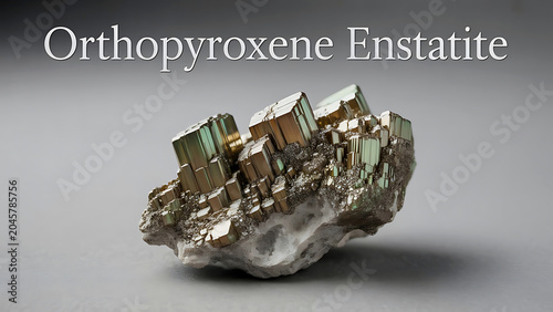 Orthopyroxene enstatite mineral specimen with crystalline structure and metallic luster on a gray surface