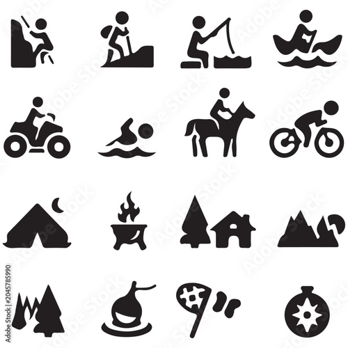 Принти на полотні Solid Black Silhouette Icons Depicting Outdoor Activities and Nature Symbols
