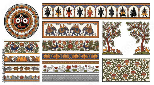 Odisha Pattachitra Palm Leaf Painting Border Frame Vector Set with Jagannath Dashavatara Kalpavriksha Elephant Peacock Lotus Fish and Traditional Design