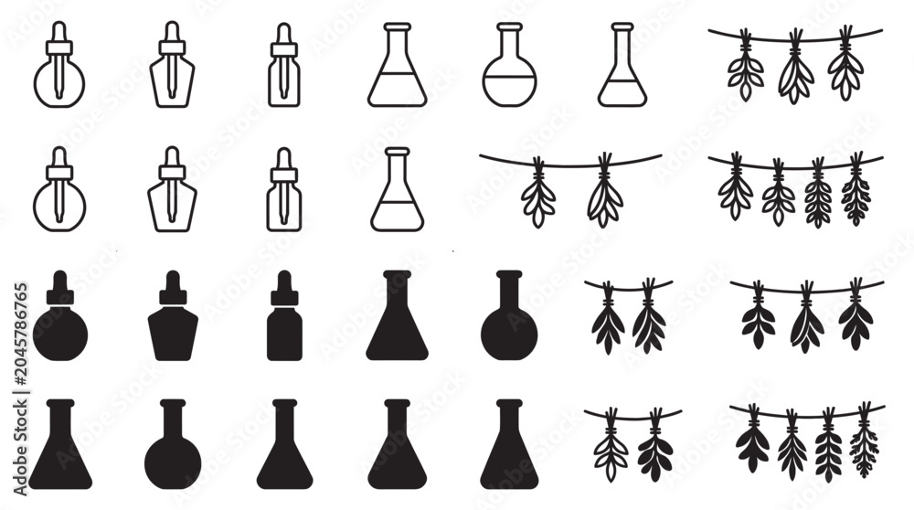 Obraz premium Laboratory glassware and botanical herb drying icon set with laboratory glassware chemistry experiment botanical
