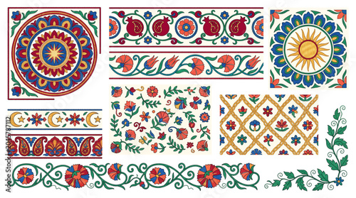 Uzbek Suzani Embroidery Silk Border Frame Vector Set with Rosette Medallion Pomegranate Carnation Tulip Sun Crescent Paisley and Chain Stitch Design