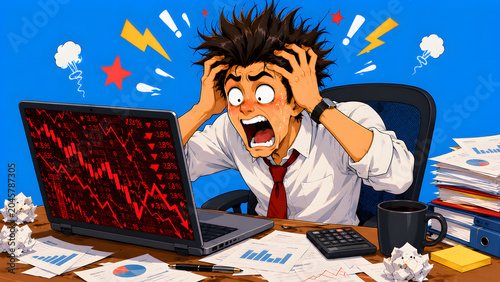 Work stress causes a businessman to scream at a failing stock chart