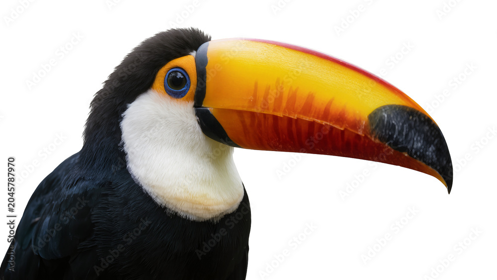 Obraz premium Toco toucan bird with large yellow and orange beak, isolated on transparent background