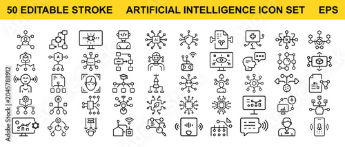 Artificial intelligence AI technology line art icons set, machine learning, neural network, microchip, chatbot, smart computer, cyber security, Web icon App icon Outline icon Editable stroke