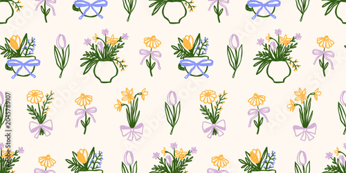 Coquette spring vector seamless pattern. Wrapping paper design with flowers bouquets, tulips, daffodils whimsical outline illustrations