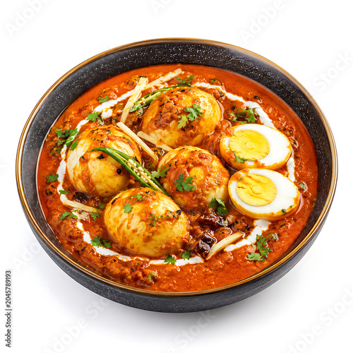 Artistic egg curry with gourmet styling and vibrant colors, advertising food image, isolated on white background