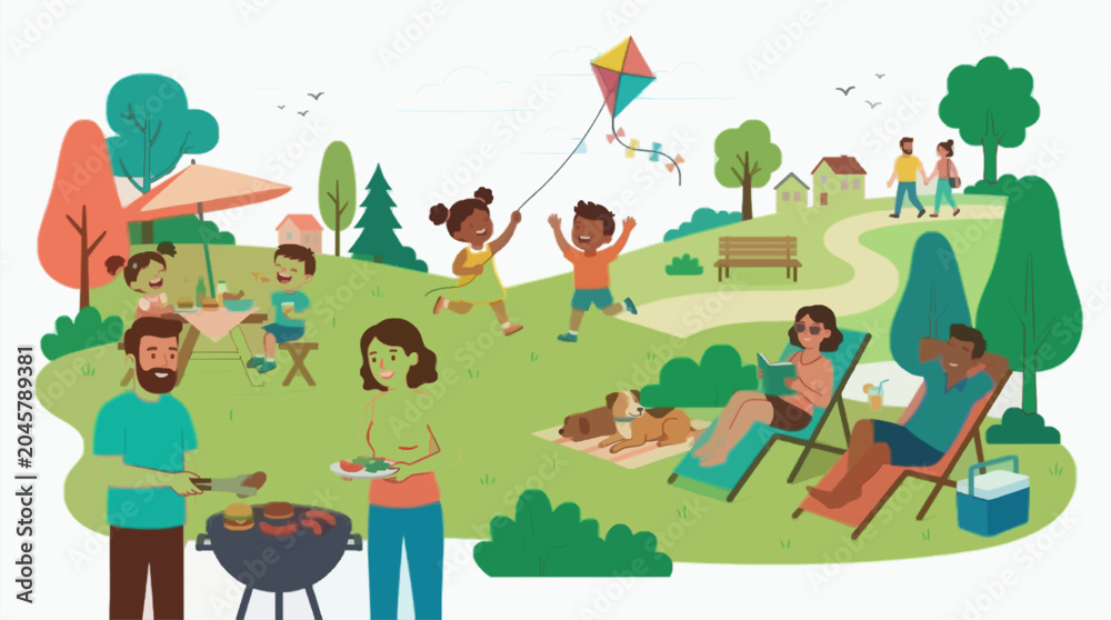 Naklejka premium Flat Vector Illustration Family Picnic Park Summer Outdoor Scene Commercial Use