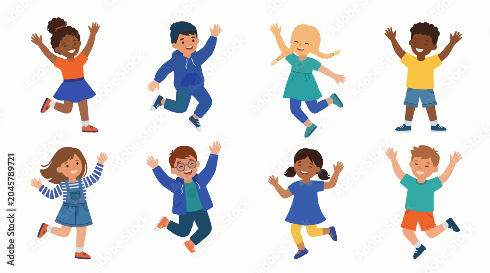 Fototapeta premium Diverse Happy Children Jumping Flat Vector Illustration Collection For Commercial Use