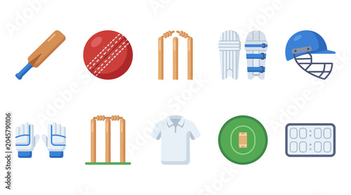 Fotografie Cricket sports equipment and accessories icons.
