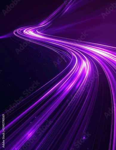 Abstract streaks of purple light curve and move across a dark background.
