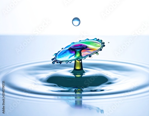 A vibrant splash of colored water forms an intricate, umbrella-like shape as a drop falls above.