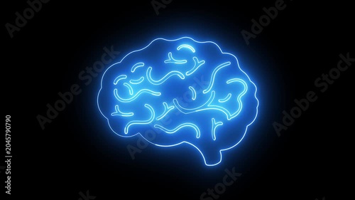 Glowing neon brain icon animation on black background.