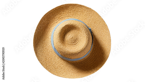 Woven straw sun hat with blue ribbon band, isolated on transparent background