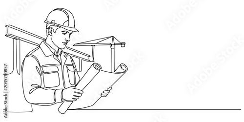 Obraz na plátně Construction worker wearing a protective helmet and holding building plans symbolizing engineering, project management, and site development, line art style vector illustration
