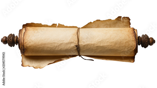 Antique parchment scroll with wooden finials tied with twine, isolated on transparent background