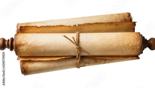 Photography Antique parchment scrolls tied with twine, isolated on transparent background