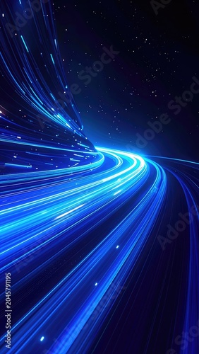 Abstract streaks of blue light move through a dark, star-filled expanse.