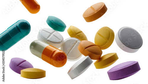 Photography Assorted colorful pharmaceutical pills and capsules, isolated on transparent bac
