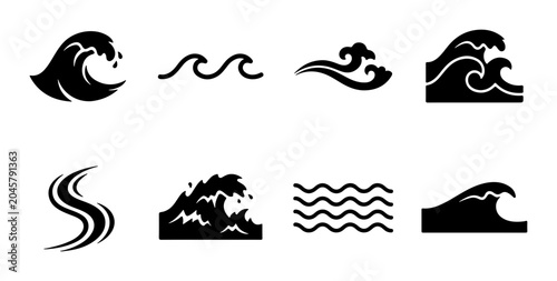 Obraz na płótnie Ocean Wave Icons Set, Sea Swell Vector Graphics, Water Motion Symbols
