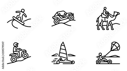 Fotografia Outdoor Adventure Icons: Dune Buggy, Camel Ride, ATV, Kite Surfing