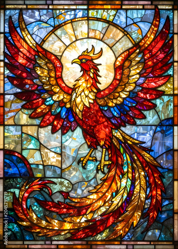 Stained glass phoenix, colorful fantasy illustration