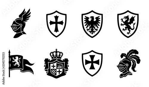 Fényképezés Medieval Heraldry Icons: Knights, Shields, Crests, and Flags Vector Set