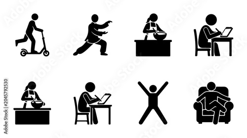 Fotografija Stick Figure Activities Set: Scooter, Tai Chi, Cooking, Working, Exercising