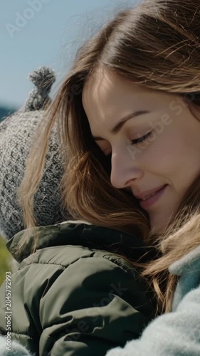 Loving young mother tenderly embracing her small child outdoors on a sunny day. Close up of a heartwarming moment of pure love, care, and family connection filled with happiness