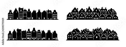 Fotografi European Cityscape Silhouettes, Row Houses, Urban Architecture Vector Collection