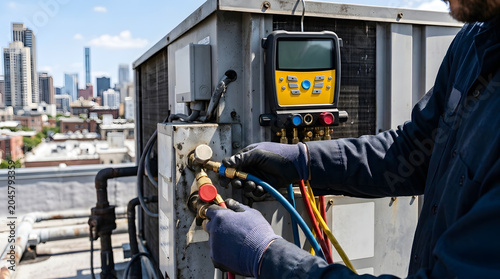 Professional HVAC technician performing maintenance on a commercial rooftop air conditioning unit using a digital manifold gauge and manifold hoses, city skyline background, cooling system repair.
